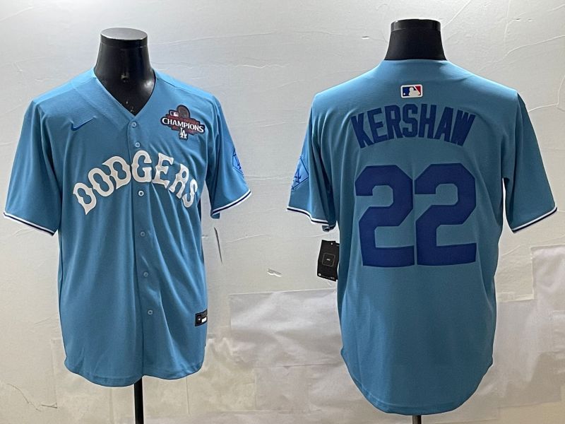Men Los Angeles Dodgers 22 Kershaw Light Blue Joint Name 2025 Nike MLB Jersey style 16